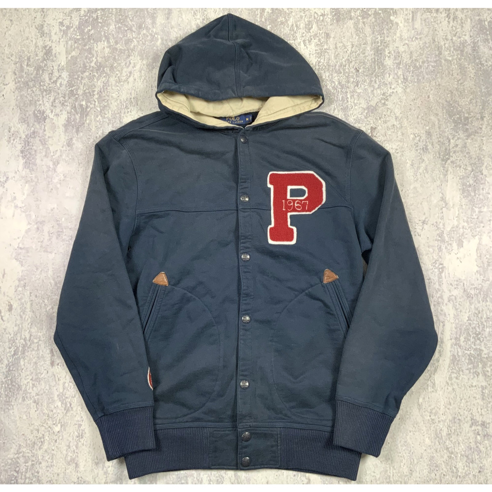 Polo Ralph Lauren Jacket Mens Medium Blue Letterman Varsity Hooded 1967 Casual